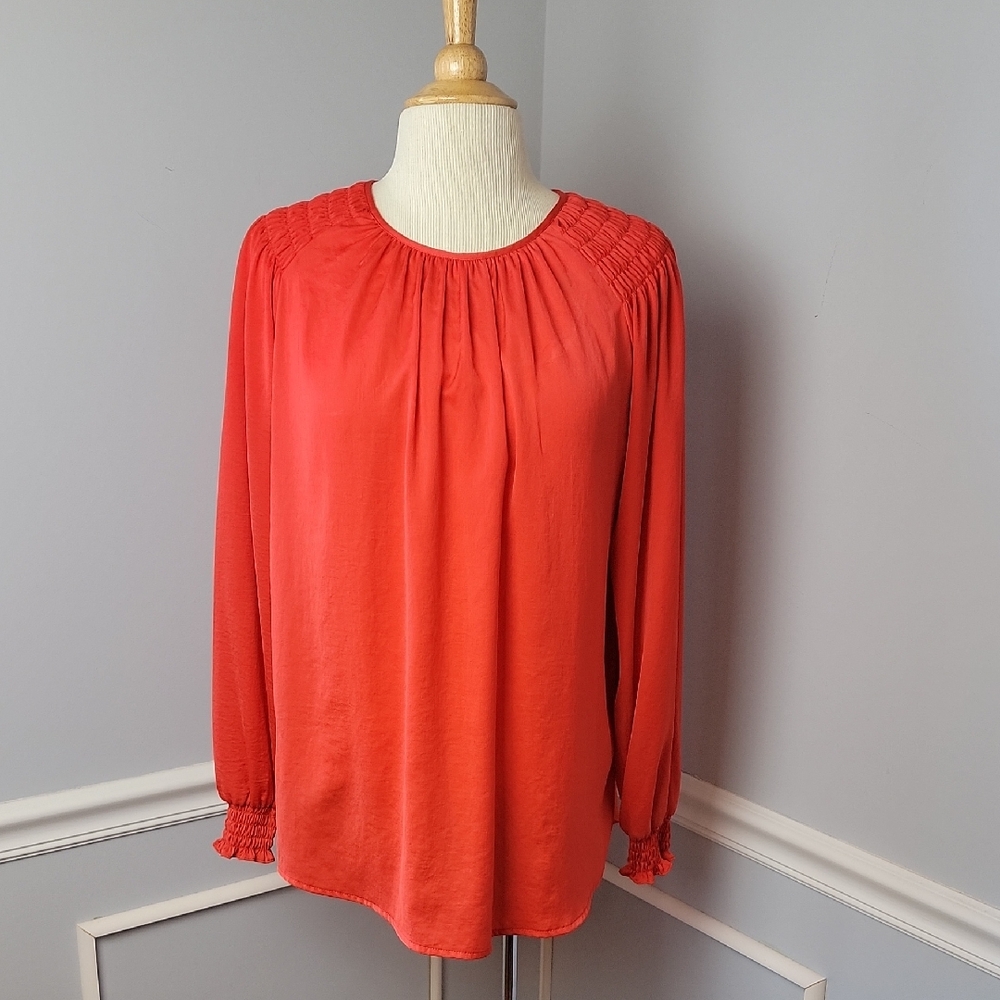 VIOLET + CLAIRE Red Orange Ruched Smocked Silk Like Office Casual Blouse Top   L